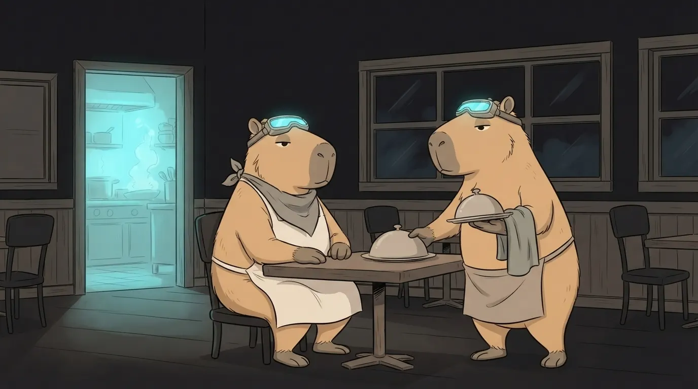 Ilustração do termo API: a capivara Capi de avental entrega um prato pela janela do restaurante para outra Capi que segura a comanda do pedido