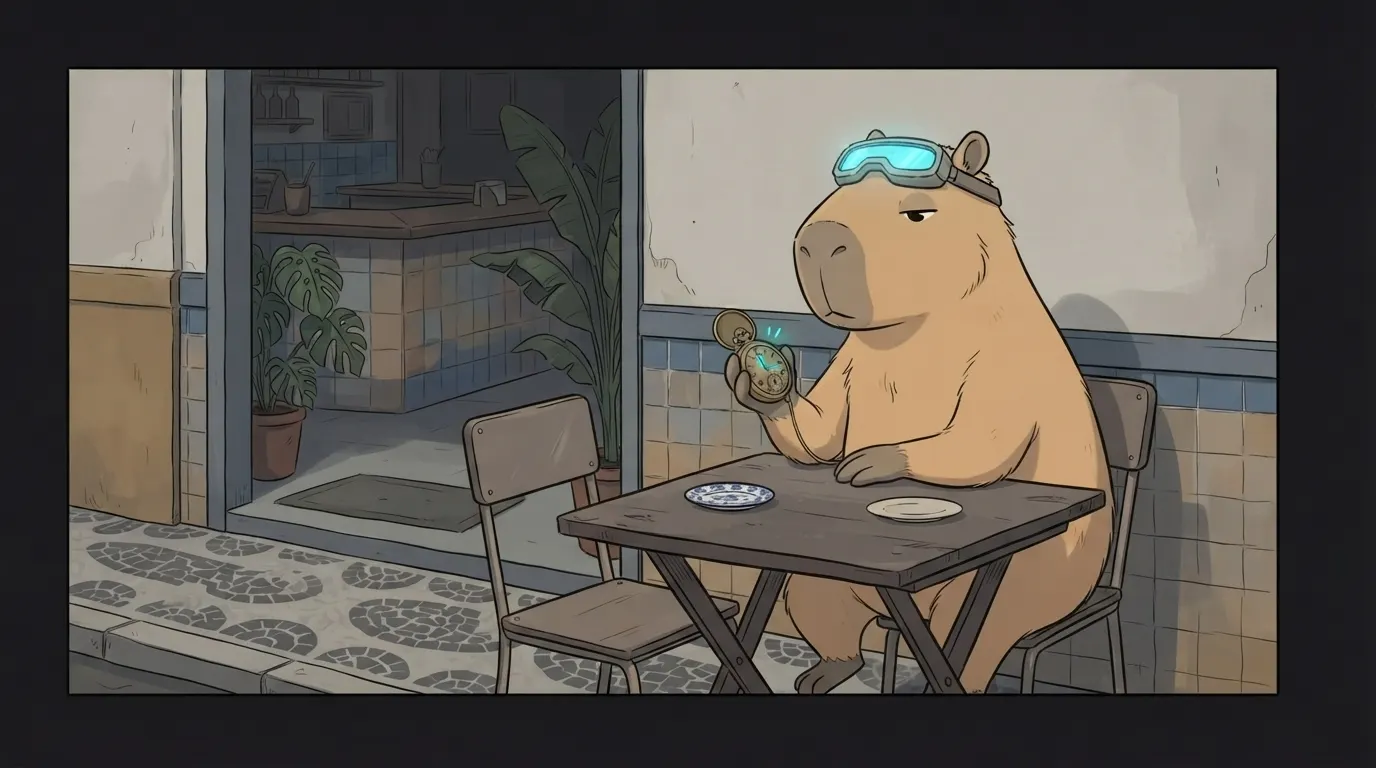 Ilustração do termo: A Capi olha o relógio de bolso na mesa vazia do restaurante, desistindo de esperar o pedido