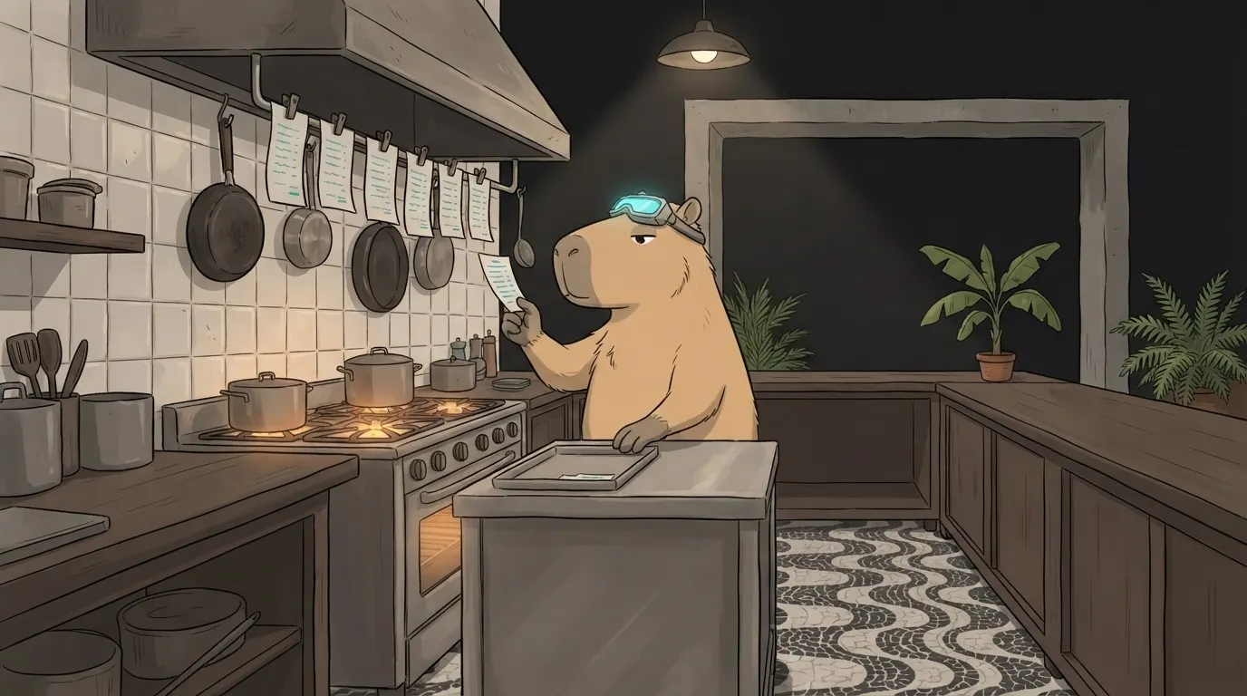 Ilustração do termo: A Capi de cozinheira tira uma comanda por vez do gancho de pedidos da cozinha