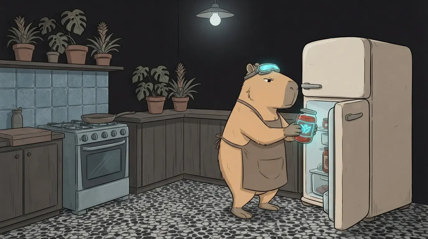 Ilustração do termo: A Capi de cozinheira pega o molho já pronto da geladeira em vez de cozinhar do zero