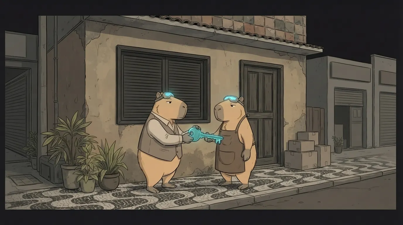 Ilustração do termo: A Capi corretora entrega a chave do ponto comercial para a Capi lojista