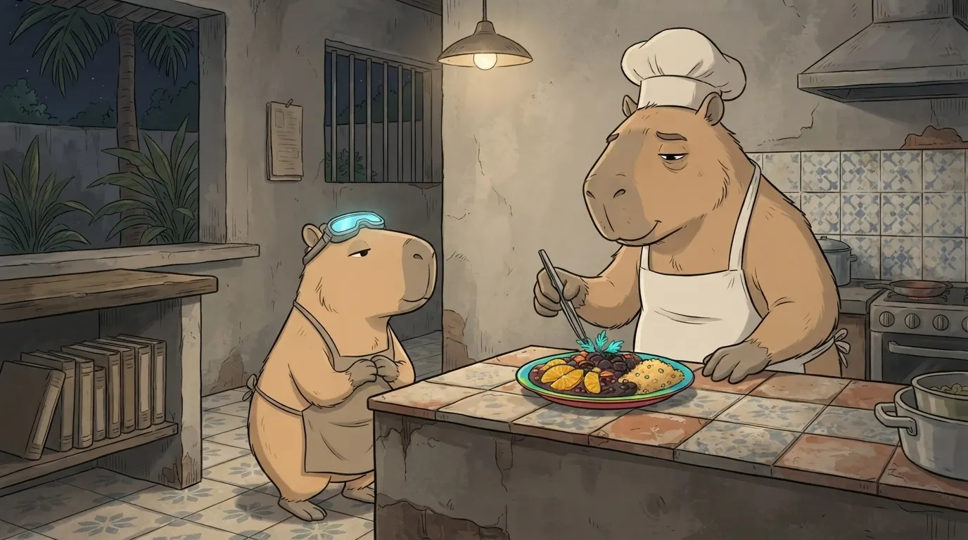 Ilustração do termo: A Capi aprendiz observa a chef preparar o prato, com os livros de receita fechados no canto