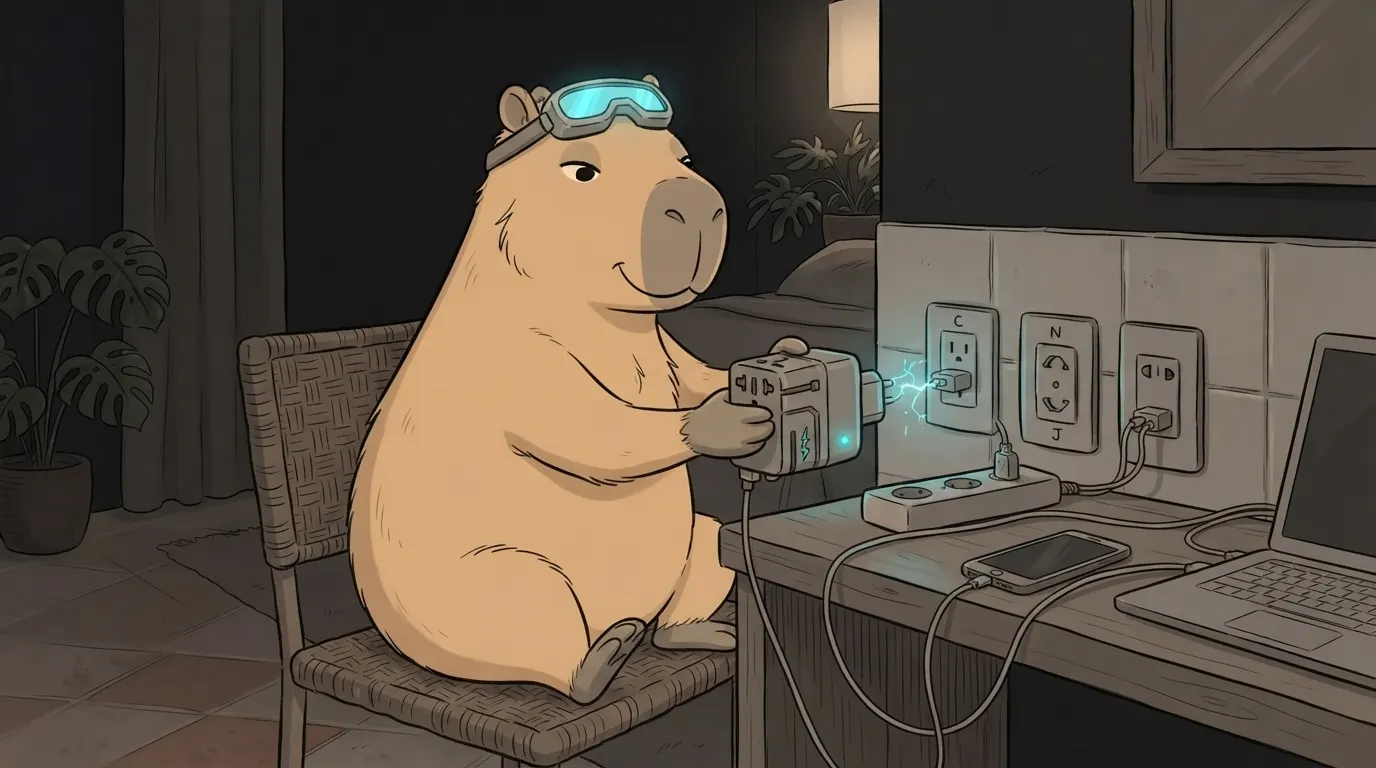 Ilustração do termo: A Capi liga o adaptador universal de tomada em vários encaixes diferentes do quarto de hotel