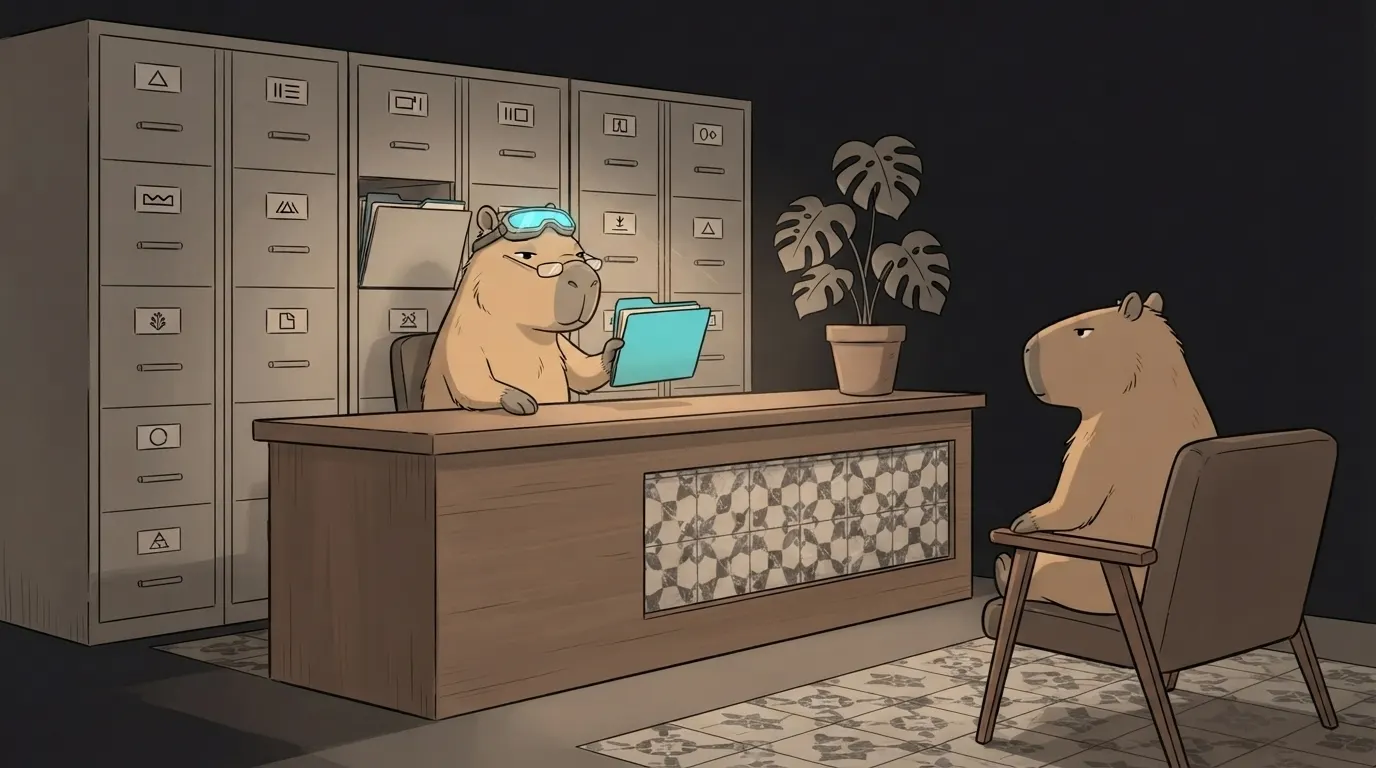 Ilustração do termo: A Capi recepcionista puxa uma ficha exata da parede de fichários organizados