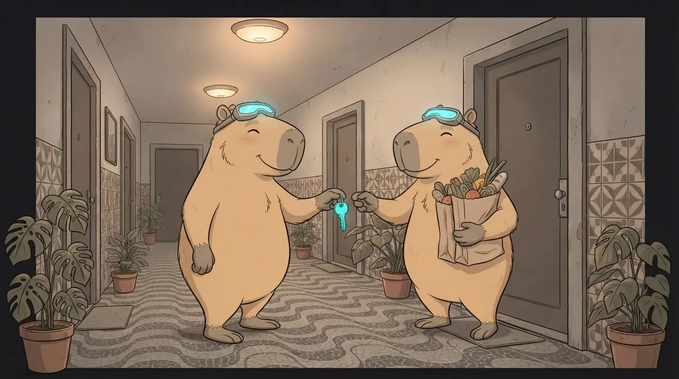 Ilustração do termo: A Capi vizinha entrega a chave reserva pra Capi trancada pra fora de casa