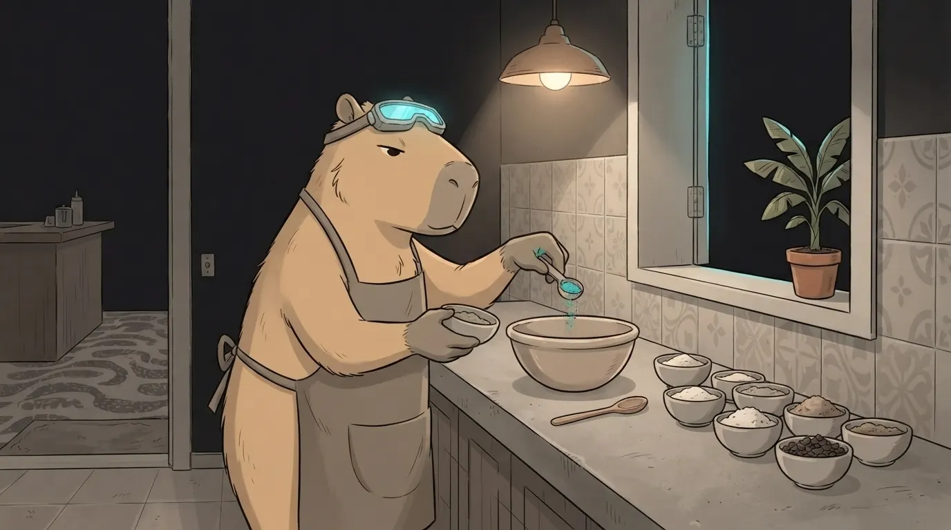 Ilustração do termo: A Capi confeiteira adiciona os ingredientes na ordem exata da fileira de tigelas