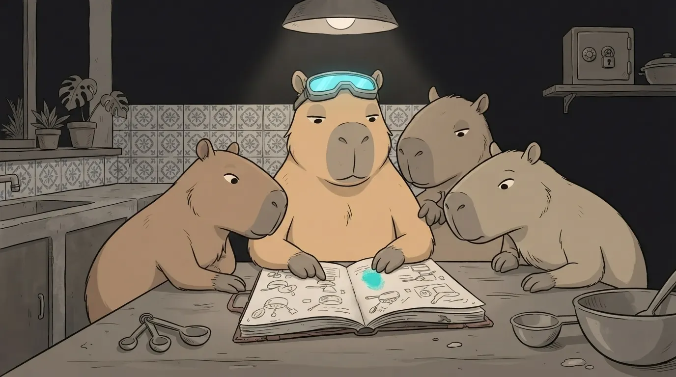 Ilustração do termo: As Capis dividem o caderno de receitas aberto na mesa, com o cofre trancado esquecido na prateleira