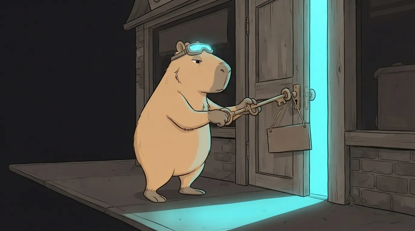 Ilustração do termo: A Capi gira a chave na porta da loja enquanto vira a plaquinha, com a luz vazando pela fresta
