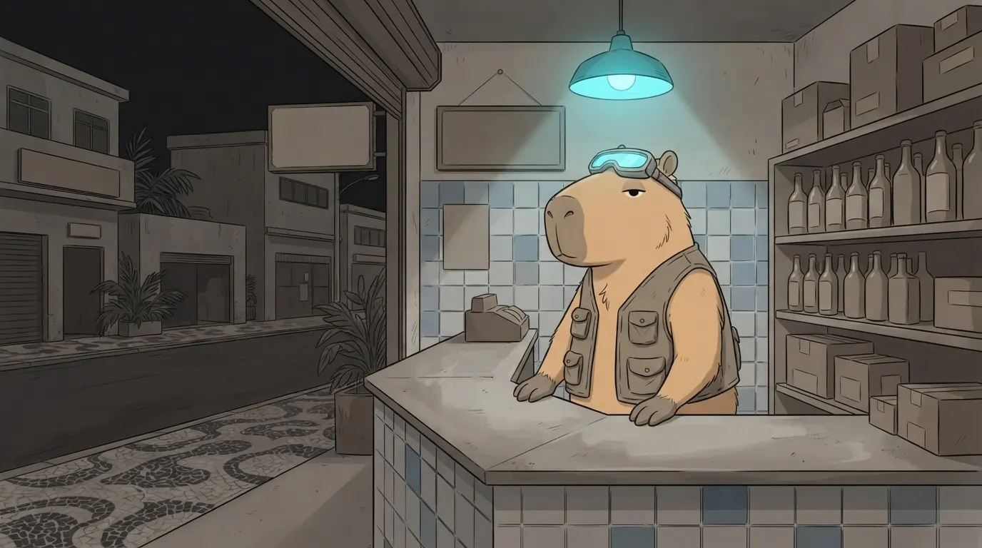 Ilustração do termo: A Capi atende no balcão da vendinha aberta de madrugada, única luz acesa da rua
