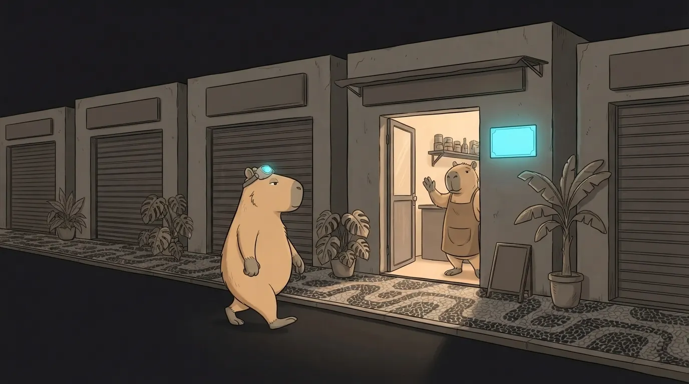 Ilustração do termo: A Capi chega direto na única loja aberta da rua, a da plaquinha iluminada na porta